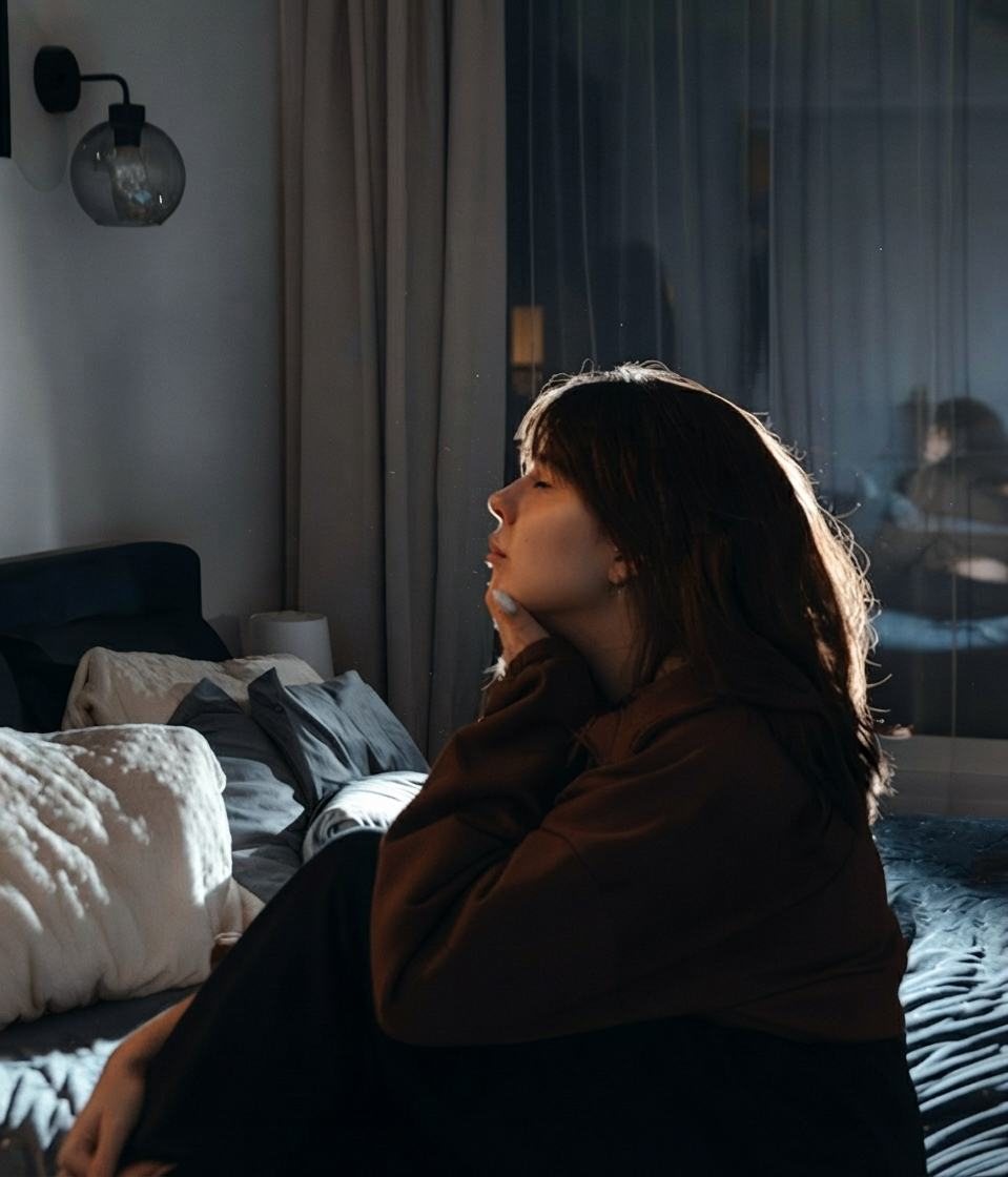 A woman sitting awake on her bed at night, eyes closed, chin resting on her hand